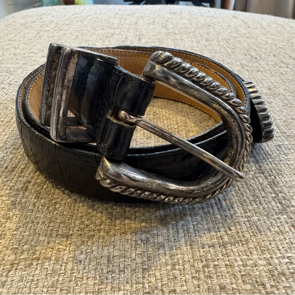 Vtg 1993 - Brighton - Alligator Embossed Leather Belt -Black & Silver - S/M